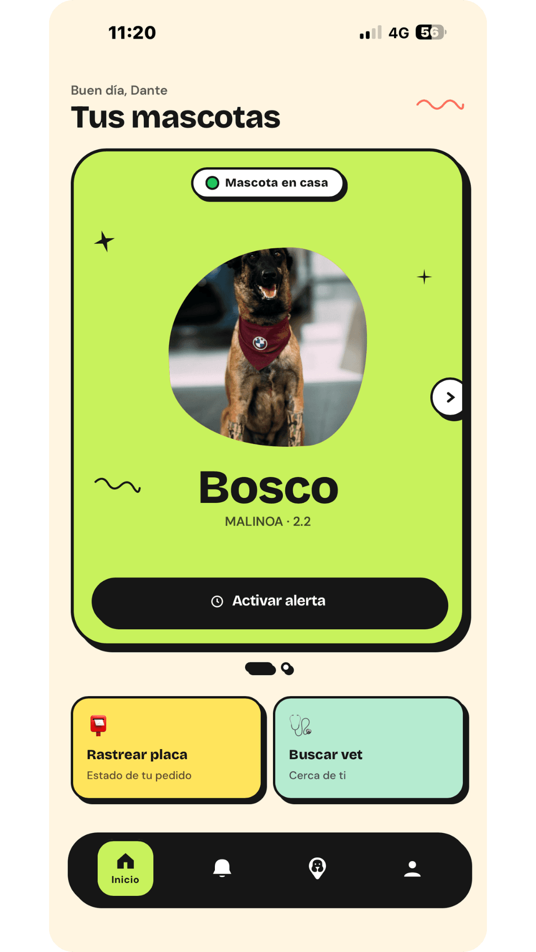 App PetScan: Bosco en casa, con su perfil y botón de activar alerta
